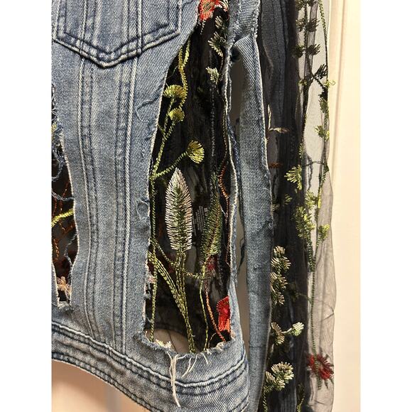 Miss Nikky Unique Mesh Sheer Floral Embroidered Distressed Denim Jacket, Size S - Picture 2 of 7